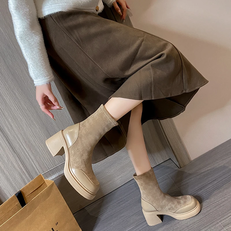 Women's Fashion Boots Square Toe Platform High Heels Zipper Ankle Boots Women's Shoes Autumn Winter Black Warm Simple 2023