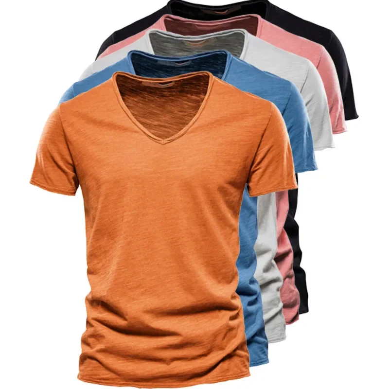 

100% Cotton V-neck Men T-shirt Fitness Sports Running Slim Fit Soild T-shirts Male Tops Tees Summer Short Sleeve T Shirt For Men