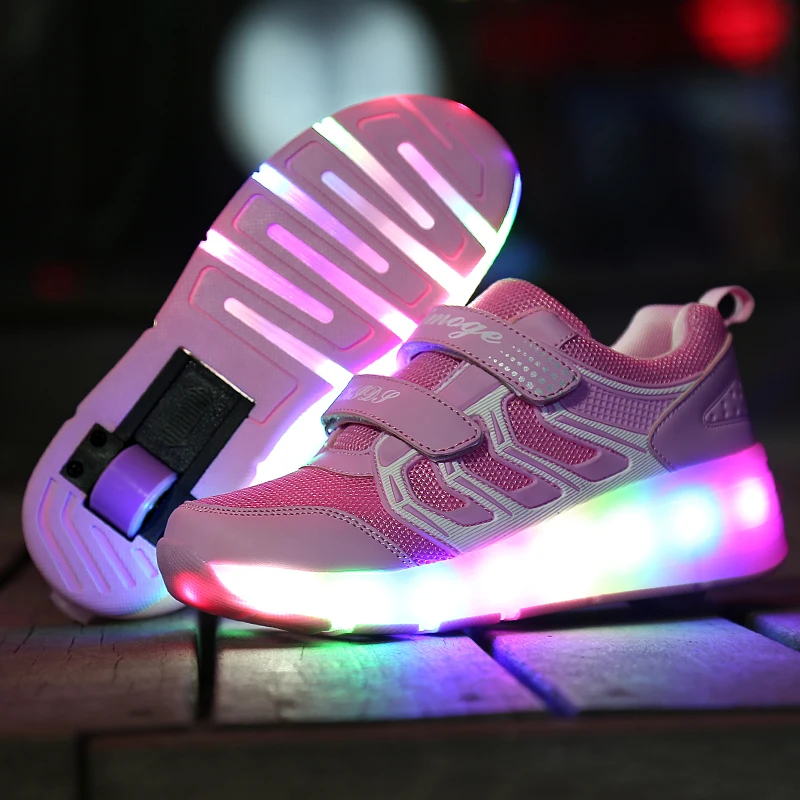 

Kids LED Luminous Tennis Shoes for Boys Girls Glowing Children Sneakers with Single/Double Wheels Light Roller Skate Shoes