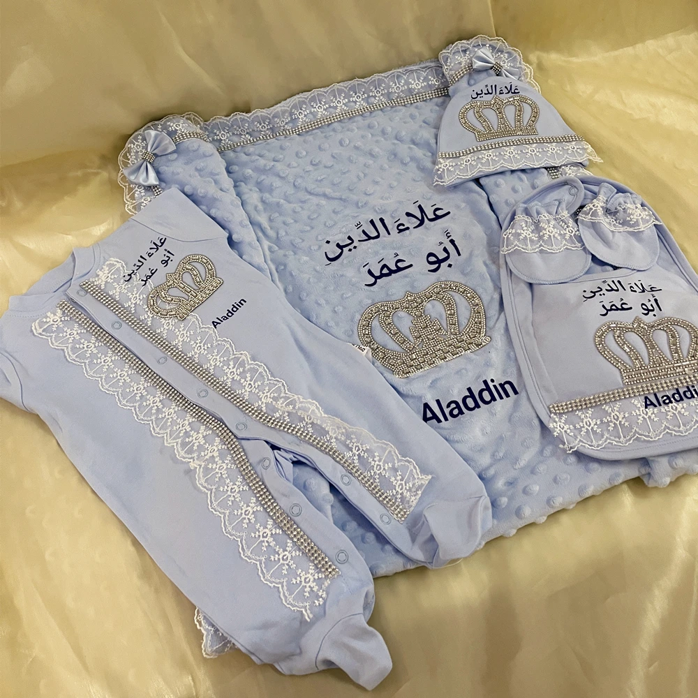 5pcs Handmade DIY Vinyl Name Personalized Baby Girl Newborn Jewels Crown Pink Take Me Home Layette 5 Piece Deluxe Gift Set - Image 5