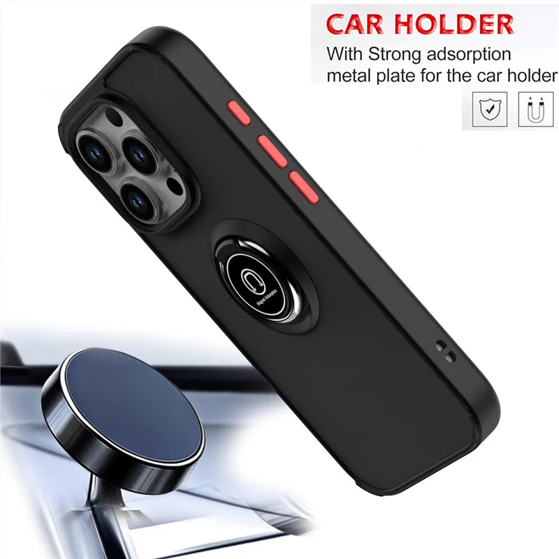 Armor Shockproof Magnetic Phone Case with Ring Holder - Matte Finish & Camera Lens Protection