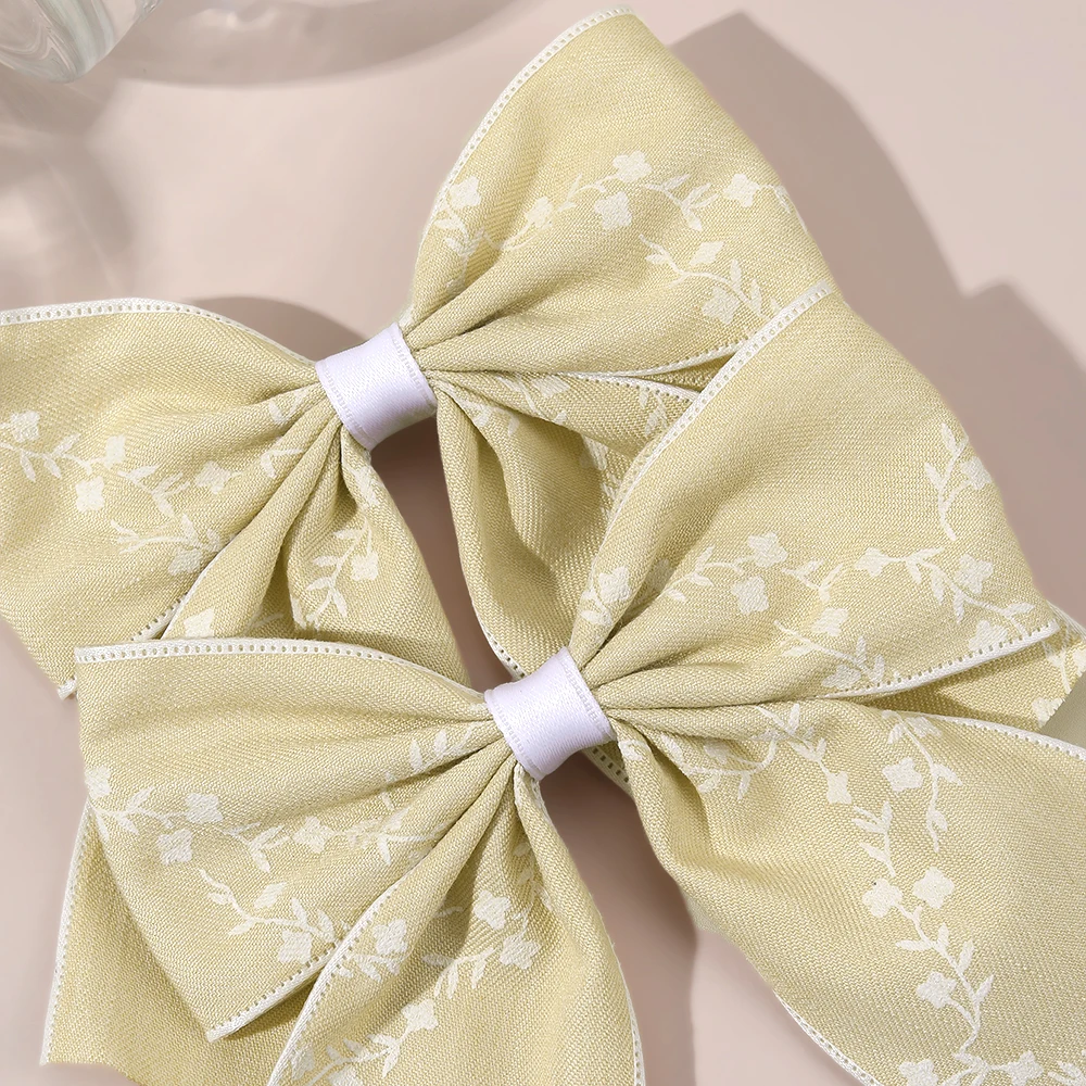 2Pcs Flower Bow Hair Clips Light Blue Hairpin Sweet Small Floral Print Barrette For Girls Elegant Headdress Headwear Accessories