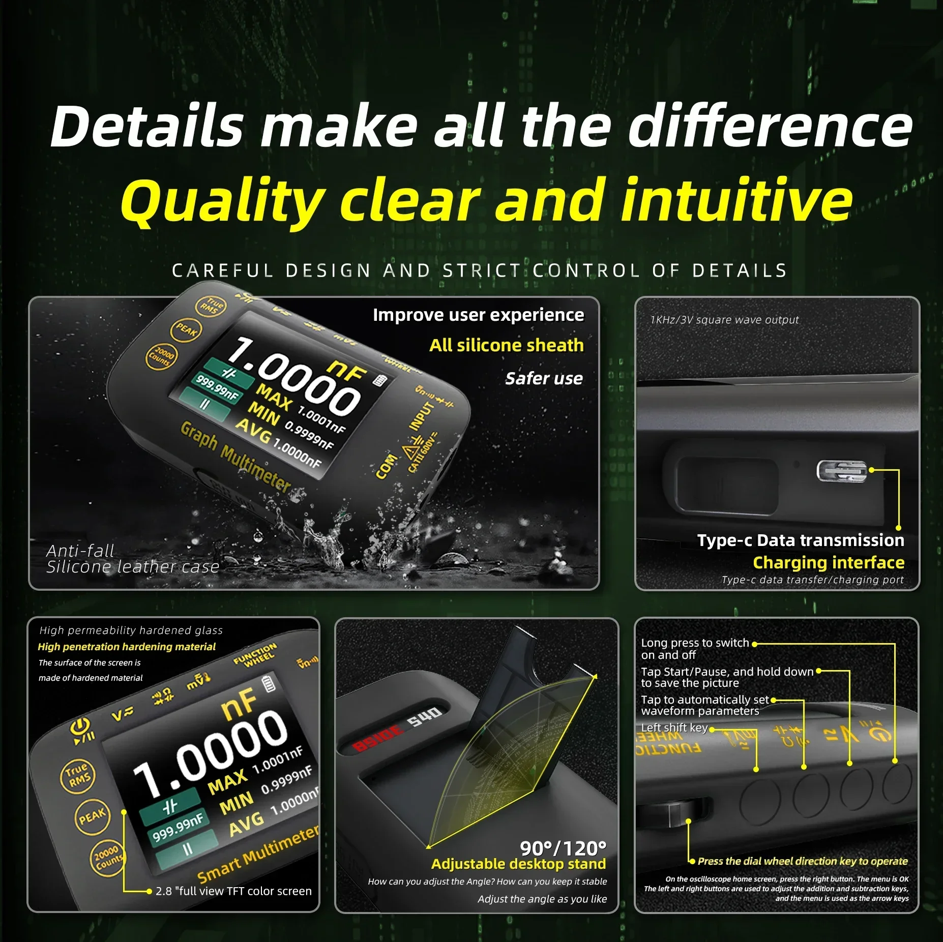 Intelligent Digital Multimeter 20000 Counts Voltage Real-Time Waveform Recording Temperature Test Lithium Battery Voltmeter