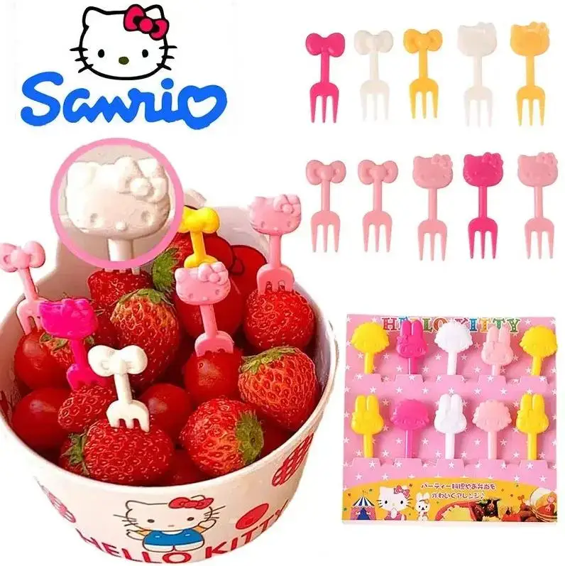 

8/10pcs Sanrio Hello Kitty Mini Plastics Fruit Fork Cute Animation Bento Food Picks My Melody Snack Cake Dessert Fruit Stick