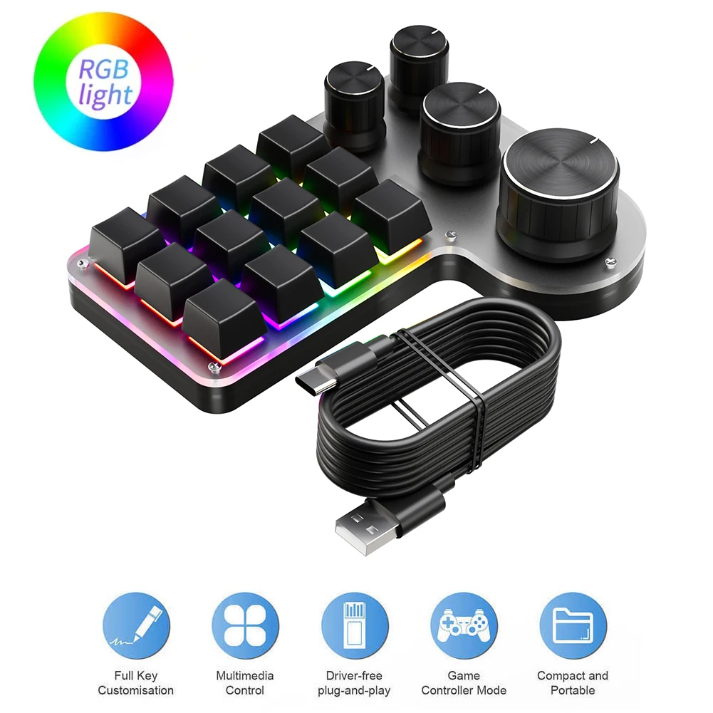 Programmeerbaar Macrotoetsenbord, 12 Toetsen 2 Knoppen RGB Klein Programmeerbaar Macropad Mechanisch OSU-Toetsenbord, Doe-het-zelf Programmeerbaar Toetsenbord, voor Gaming Media