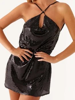 Elegant Women s Sequin Mini Dress with Spaghetti Straps and Backless Design Perfect for Summer Fashion Parties and Events 4