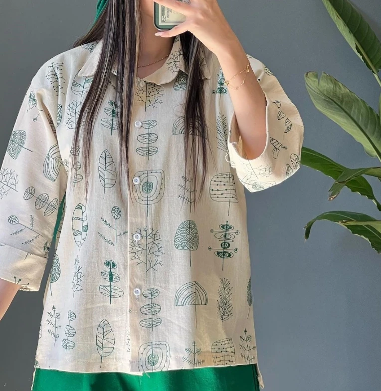 Innocent and Pretty Girl Casual Loose Fit Oversized Cotton and Linen Printed Shirt and Cropped Wide Leg Pants Set