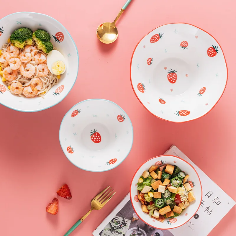 

Strawberry trumpet bowl household ramen bowl single salad dessert bowl personality large soup bowl bamboo hat bowl