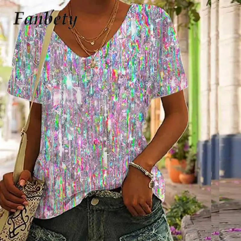 

Женская Повседневная футболка с V-образным вырезом и коротким рукавом, универсальные Женские топы с лазерным принтом, летний Повседневный Свободный пуловер, женская одежда, 2023