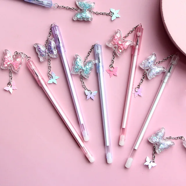 10Pcs/Lot Kawaii Butterfly Pendant Gel Pen 0.5mm Black Ink Smooth Writing Cute Sequin Neutral Pens Kids School Office Stationery 1