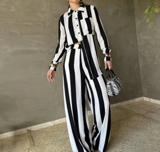 Two Pieces Casual Women Outfits 2023 Autumn New Fashion Black and White Stripe Long Sleeve Shirt High Waist Wide Leg Pants Set