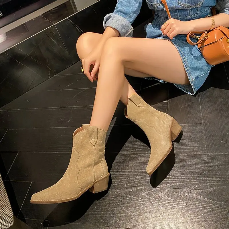 

TOTOMELA Size 34-44 Cow Suede Leather Boots Women Autumn Winter Western Boots Chunky Heels Ankle Boots For Women Chelsea Botas