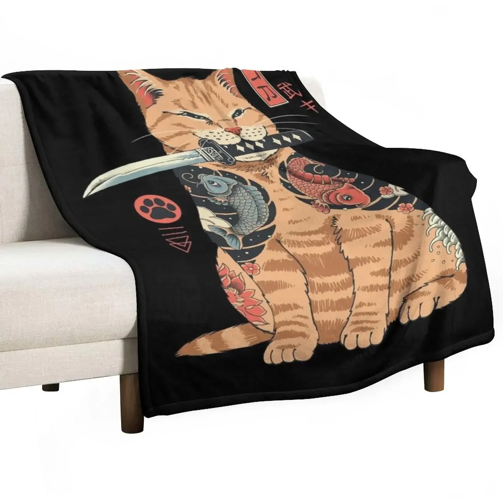 Yakuza Cat Throw Blanket Sofas Polar Multi-Purpose halloween Blankets