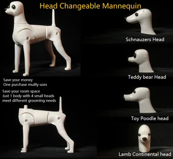 Manichino Multifunzione per Toelettatura Cani, Espositore con Scheletro in Plastica per Toelettatori di Animali, 1 Corpo e 4 Teste Intercambiabili