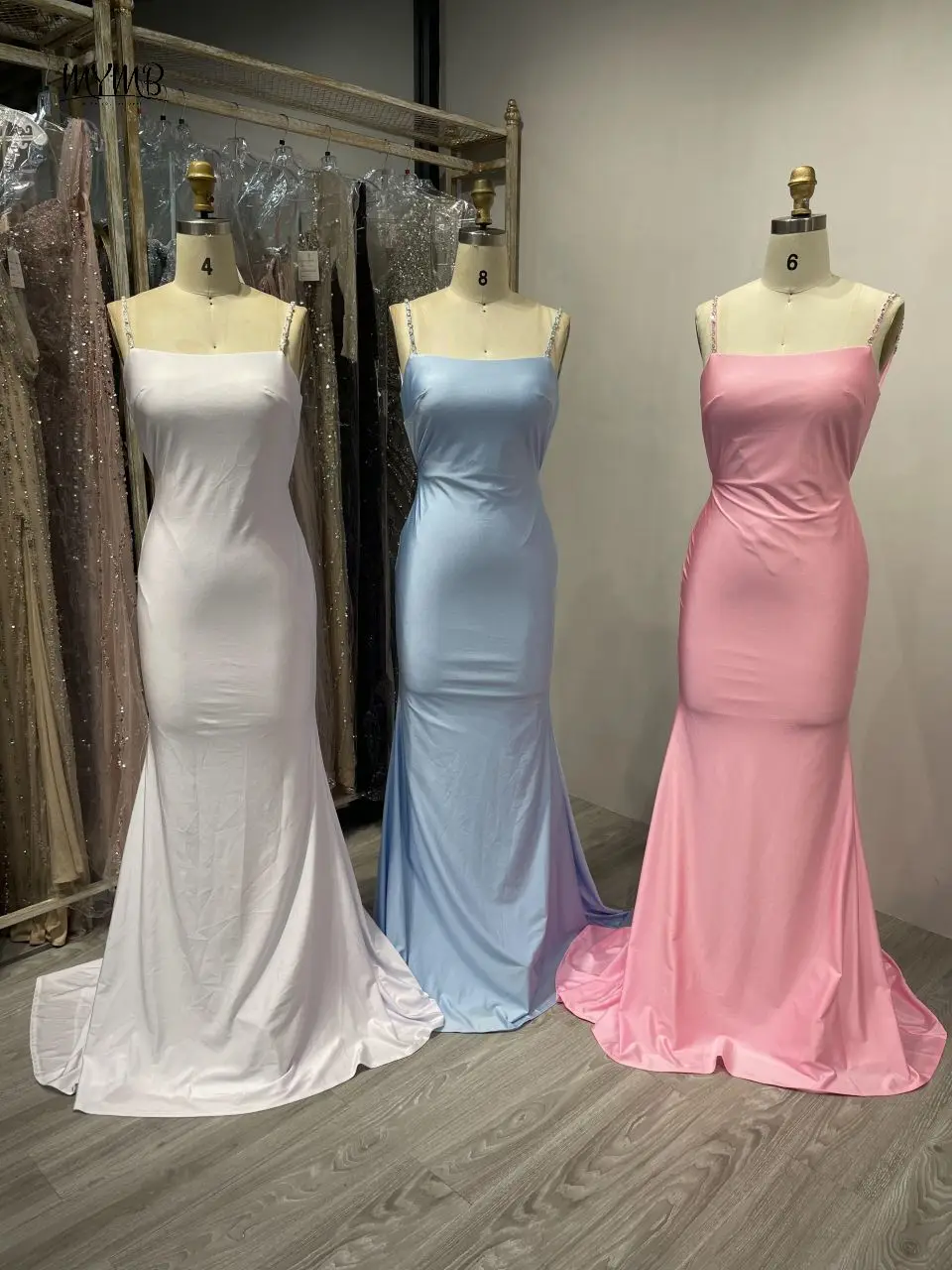 MYMB Blue Elegant Spaghetti Straps Mermaid Satin Girl Princess Dress Pleated Backless Evening Gowns for Wedding Party MC20028 1