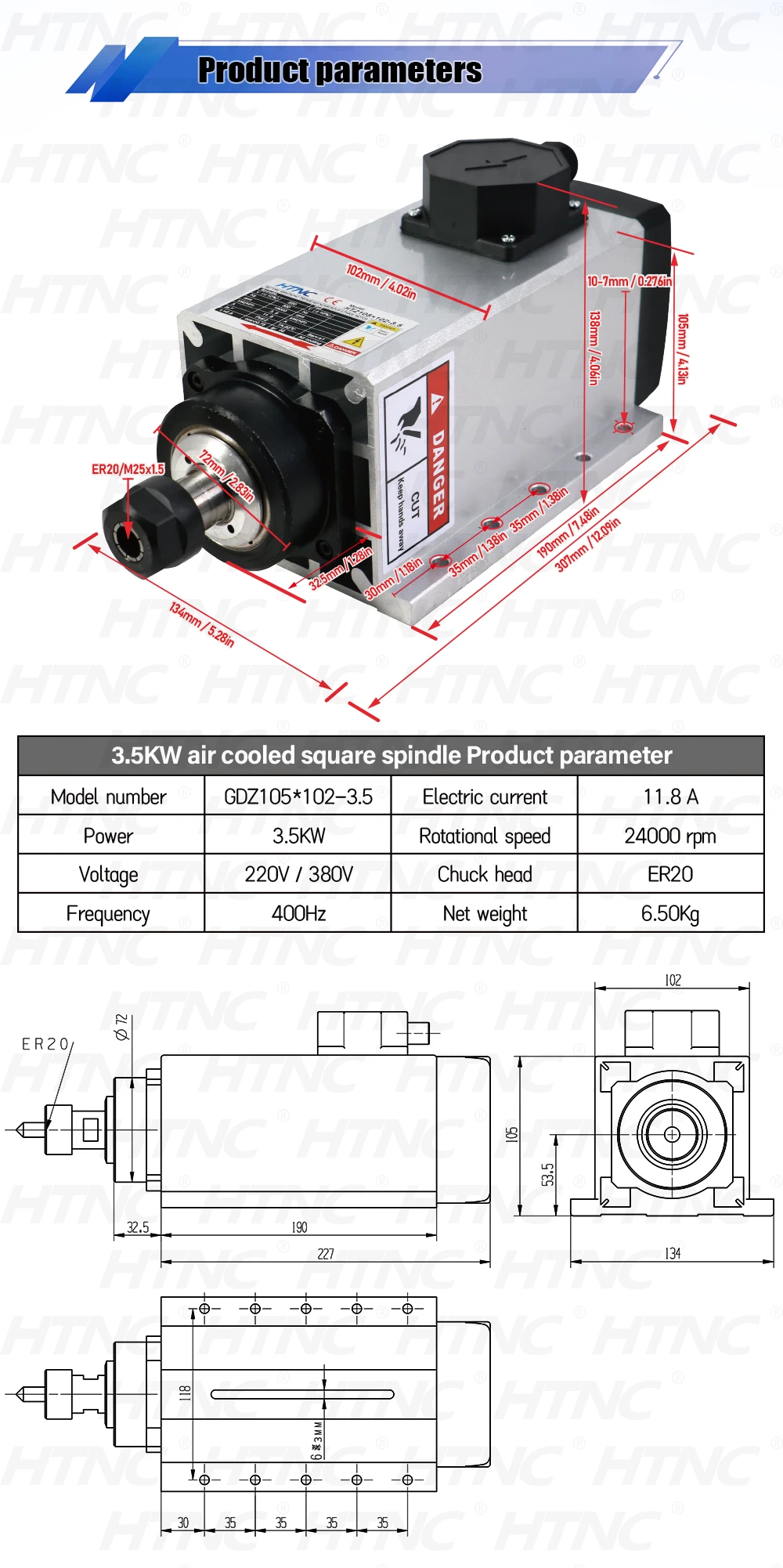 3.5Kw Spindle Motor Kit For Wood Aluminium Soft Metal High Speed 400hz 24000rpm