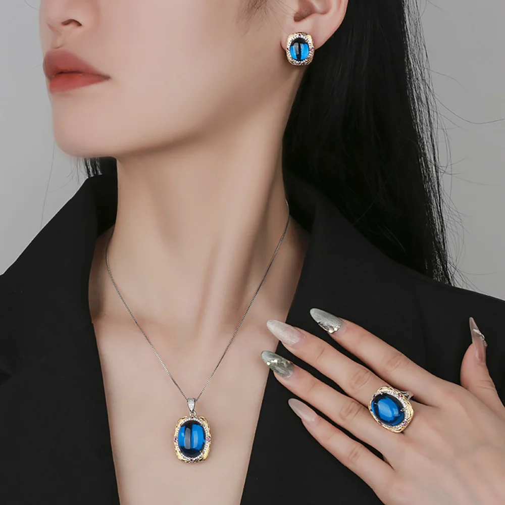 Luxury Retro Sapphire Gemstone Necklace Pendant Ring Stud