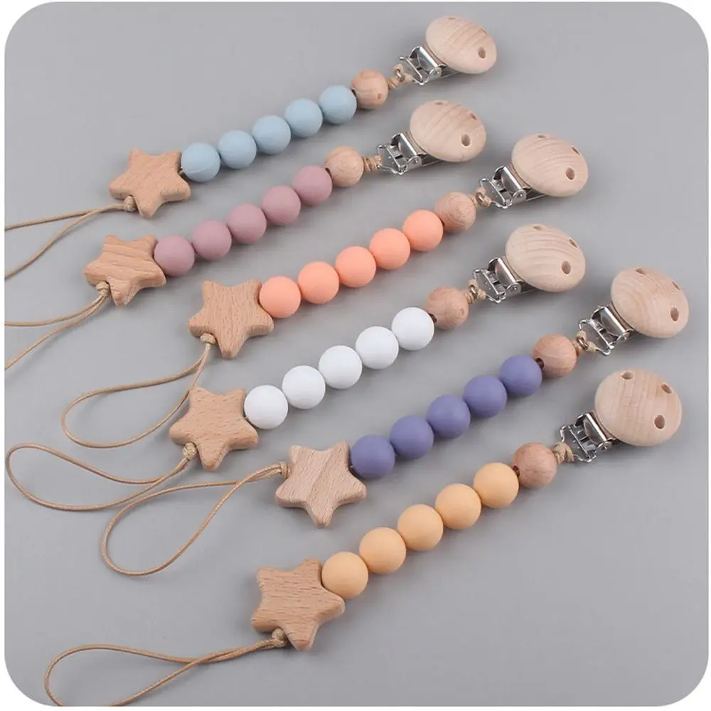 Dummy Clips Pacifier Holder Clips Star Soother Holder Baby Pacifier Chain Wood Nipple Holder Clips Baby Teether Toys Straps