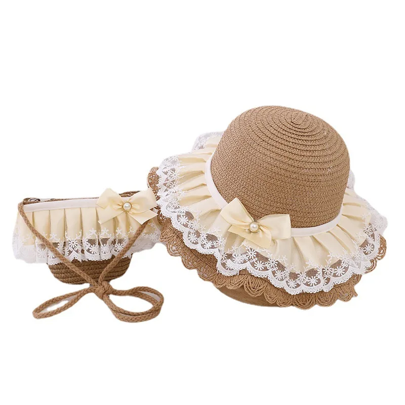 

2022 New Girls Straw Hat For Kids Sweet Lace Bow Hat Handbag Sets Child Baby Outdoor Beach Hat Travel Holiday Anti-UV Sun Cap