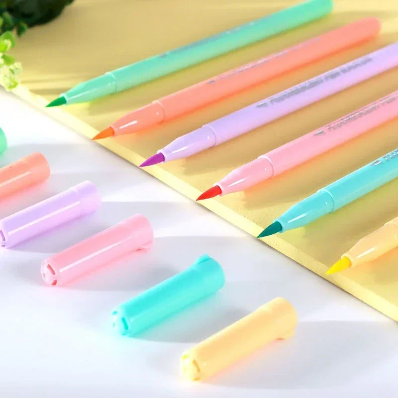Soft Brush Fluorescence Pen Set 6 colors Pastel Markers Brush Set Art Color Highlighter Calligraphy pens Stationery