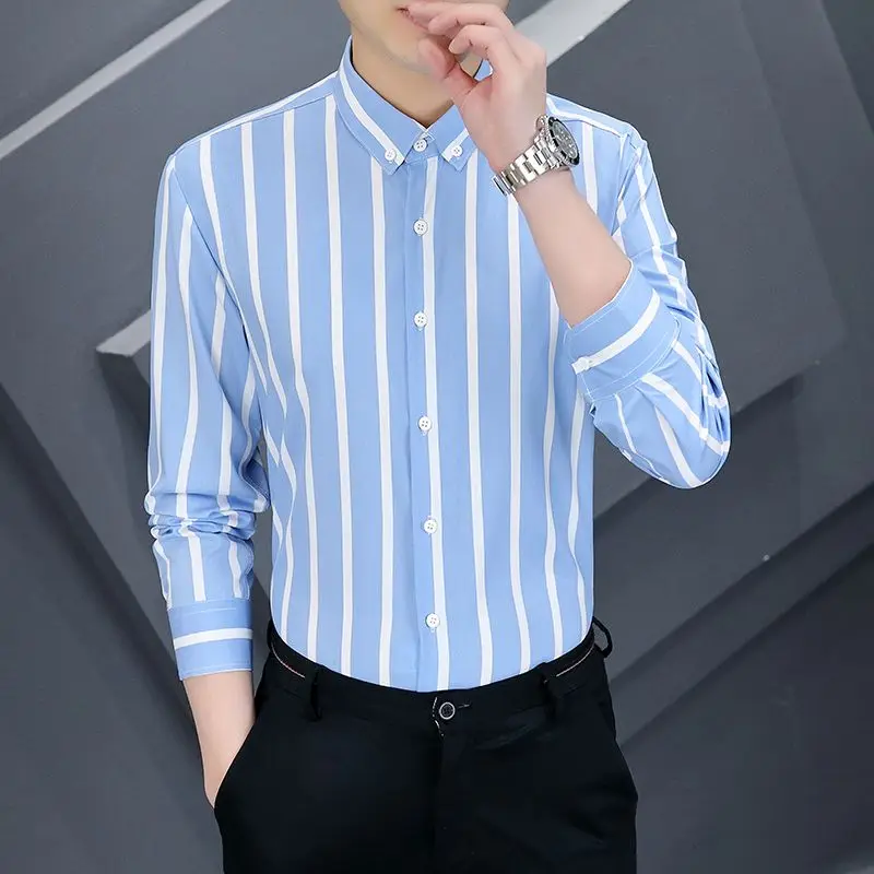 Spring Autumn New Contrast Color Fashion Striped Shirt Man High Street Casual Loose Button Long Sleeve England Office Cardigan