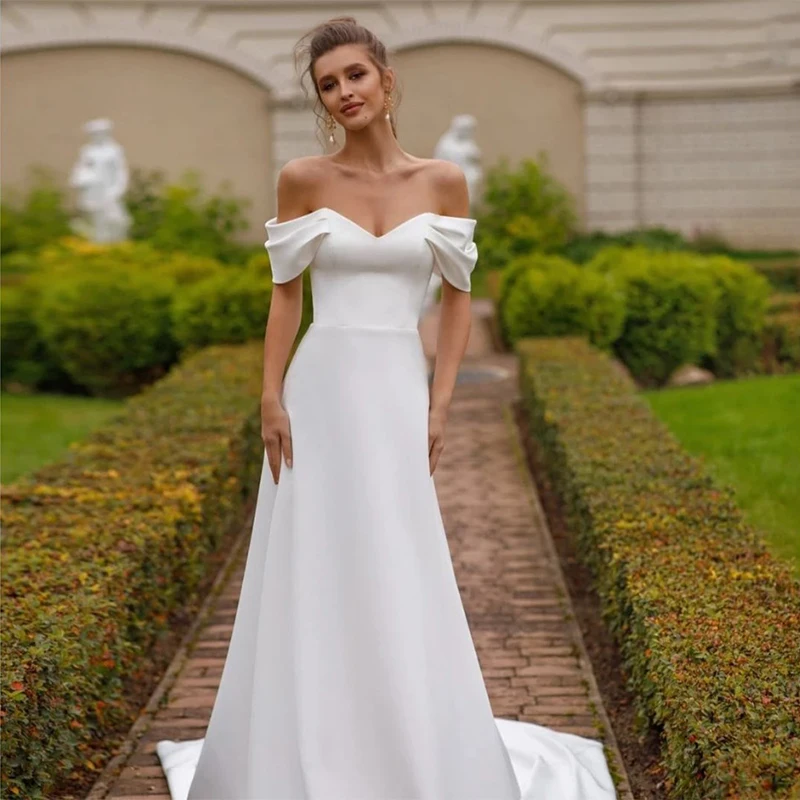 

Darla Plain Wedding Dress Spring 2024 Short Cap Sleeve S A Line Satin Court Train Bridal Gowns White Long Simple Bride Dresses