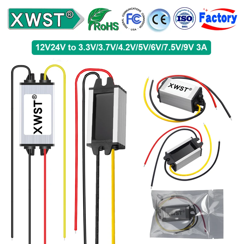 ตัวแปลงไฟ XWST DC-DC 12V/24V เป็น 5V 3.3V 3.7V 4.2V 6V 7.5V 9V 3A โมดูลควบคุมแรงดันไฟฟ้าแบบลดขั้น สำหรับรถยนต์และไฟ LED 1