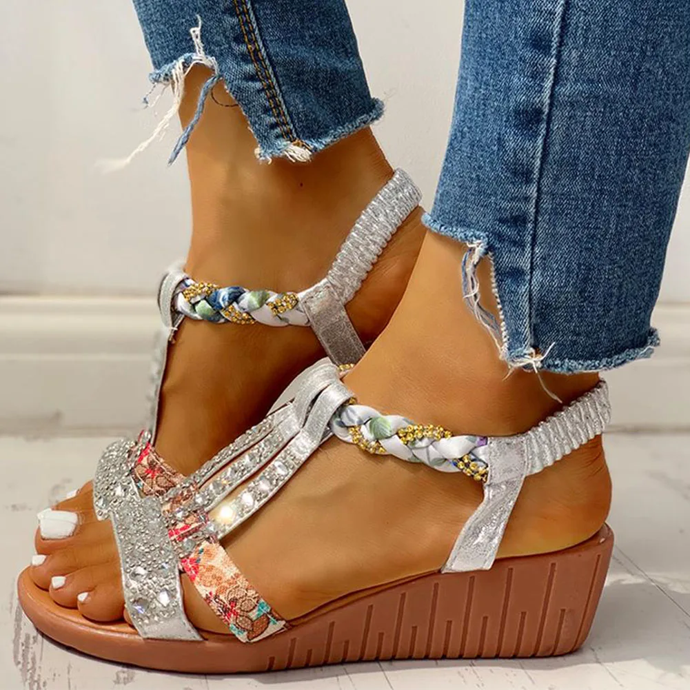 New Gladiator Wedge Heels Elastic Band Crystals Summer Women Shoes Woman Sandals Leisure Beach Sandals Large Size 35-43