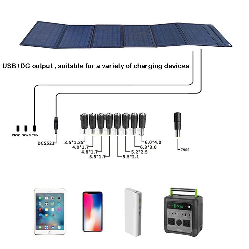 태양 전지 패널 접이식 가방, USB + DC 출력 태양열 충전기, 휴대용 접이식 태양열 충전 장치, 야외 휴대용 전원 공급 장치, 100W