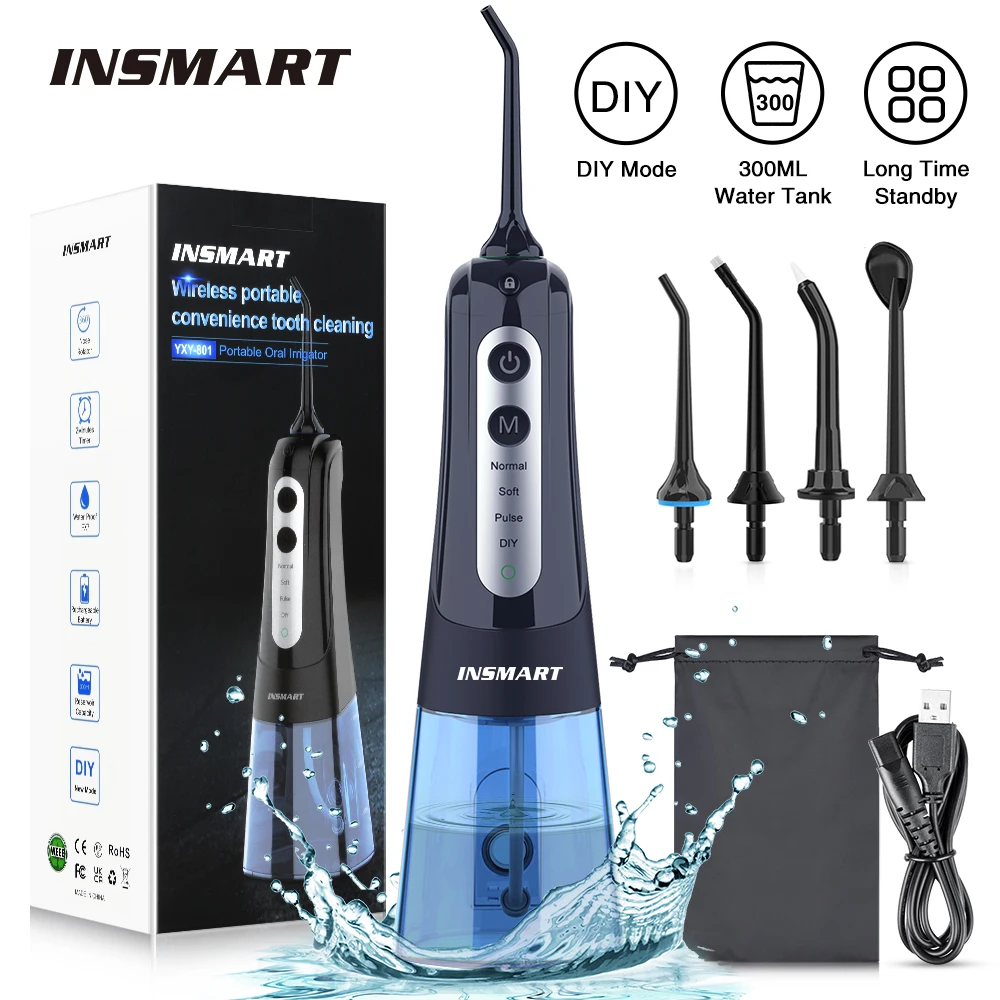 Oral Irrigator Dental Water Flosser Water Dental Flosser Oral Irrigator Portable Dental Water Flosser USB Rechargeable Water Jet Floss Tooth Pick 4 Jet Tip 300ml 4 Modes IPX7 Waterproof