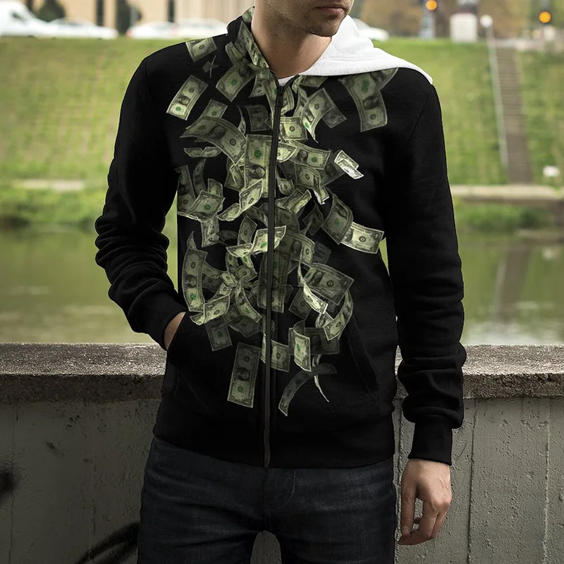 3D Print USD U.S. Dollar Rills Money Zip Up Hoodies Men Women Sweatshirts Fashion Harajuku Zip