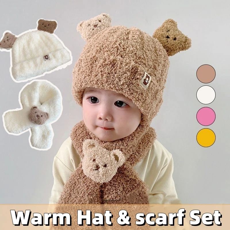 Plush Cute Bear Baby Hat Scarf Set Warm Ear Protection Hat Neck Warmer Winter Thickened Knitted Scarf For Kids Baby Toddler