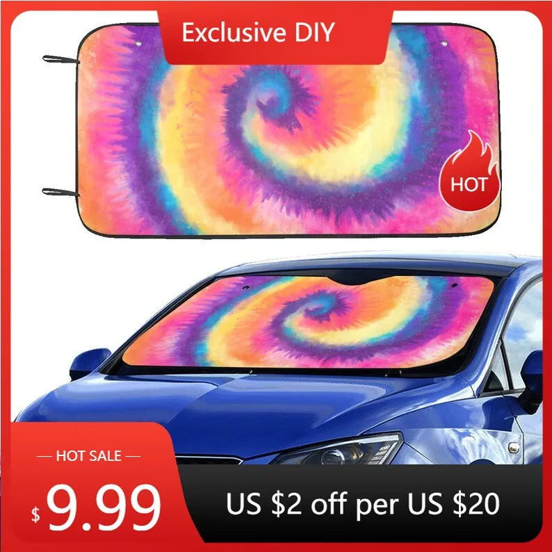 

Tie Dye Windshield Sun Shade, Colorful Hippie Psychedelically Car Accessories Auto Protector Window Visor Screen Cover Decor 55"