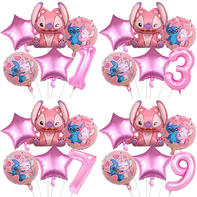 Girl's Stitch Happy Birthday Decoration Disney Stitch Balloons Banner Flag  Cake Topper Baby Shower Toys For