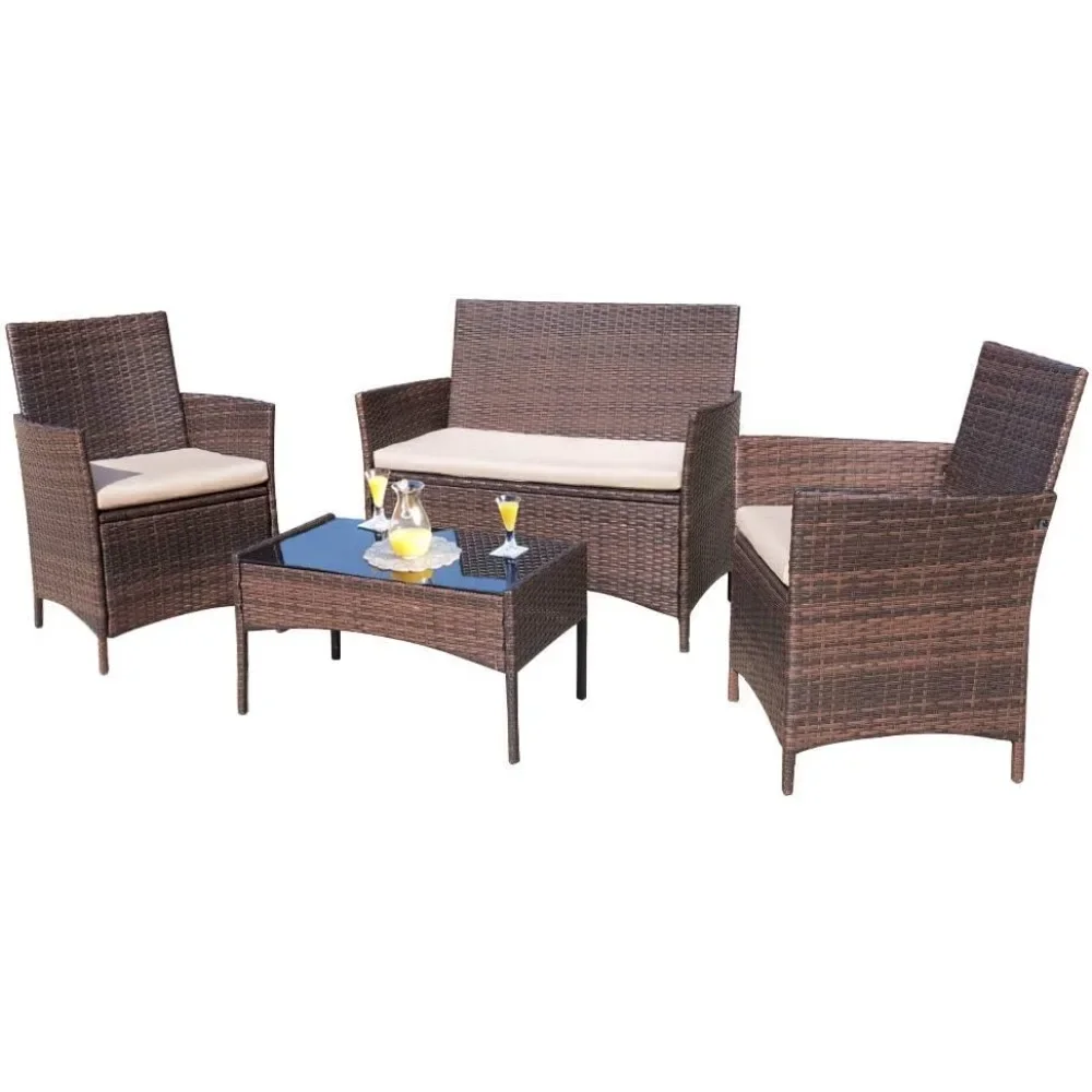 Patio Furniture Sets Outdoor Indoor Use  Backyard Porch Garden Sets Clearance Brown and Beige 4 Pieces Furniture Easy Assembly 3