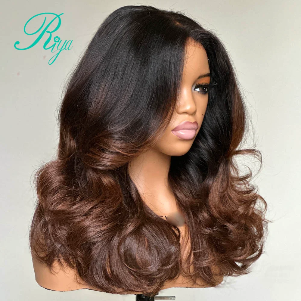 Ombre Chocolate Brown 4X4 5X7 Pre Cut Glueless Wig Body Wave Wig Brazilian Human Hair Glueless 360 Full Lace Wigs for Women