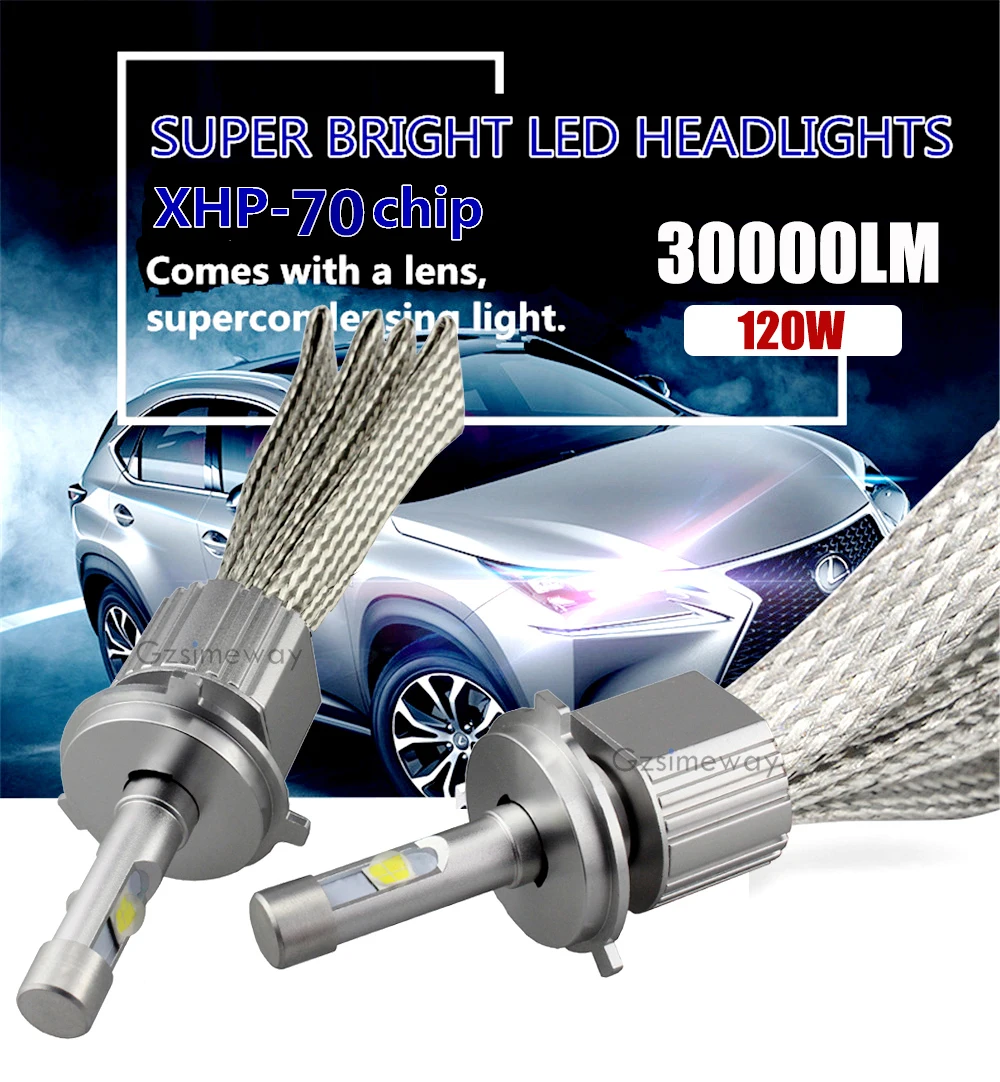 2개입 자동차 라이트 H11 팬리스 LED H14 H8 9005 HB3 HB4 9006 9012 D2H H4 30000LM 120W XHP70.2 칩 5500K 6000K 자동차 안개등 전구