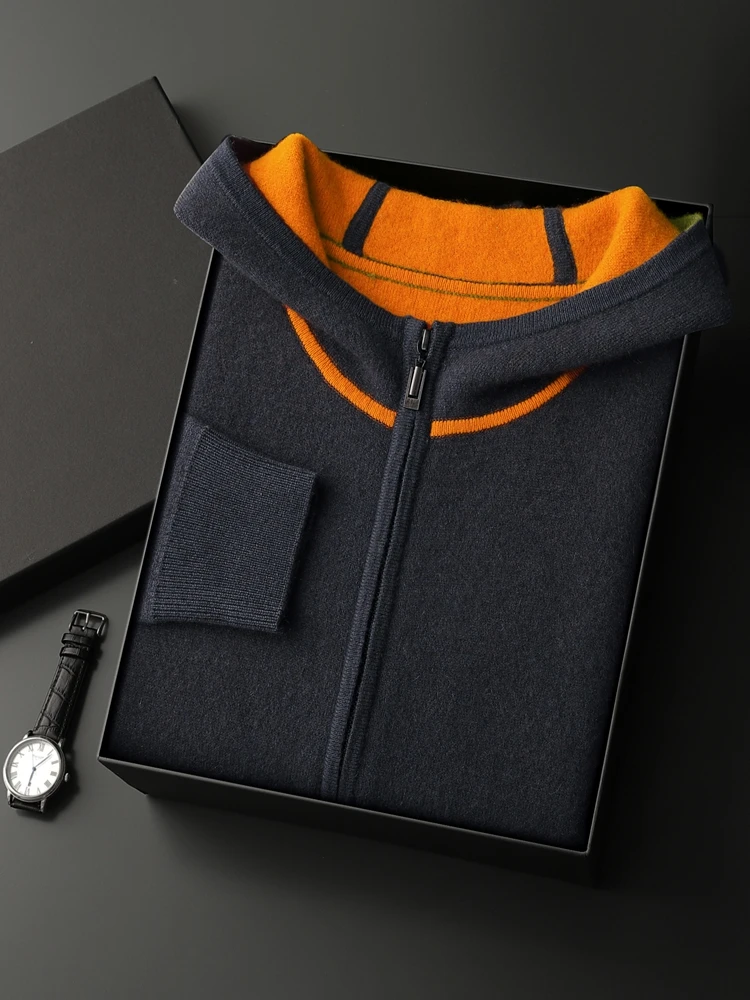 Thick Hooded Men Zippers Cashmere Sweater Cardigan Autumn Winter 100% Cashmere Knitwear Casual Long Sleeve Warm Soft Pockets Top 3