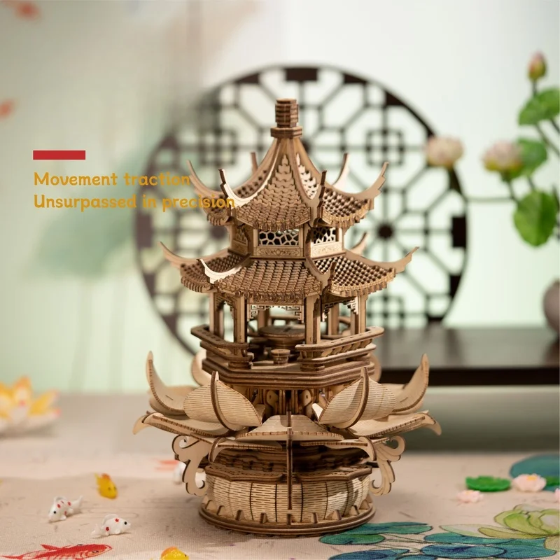 Sky City Wooden Music Box Machinery Pistol Diy Manual Building Block Rotatable Model Delicate High Quality Texture Fine Gift