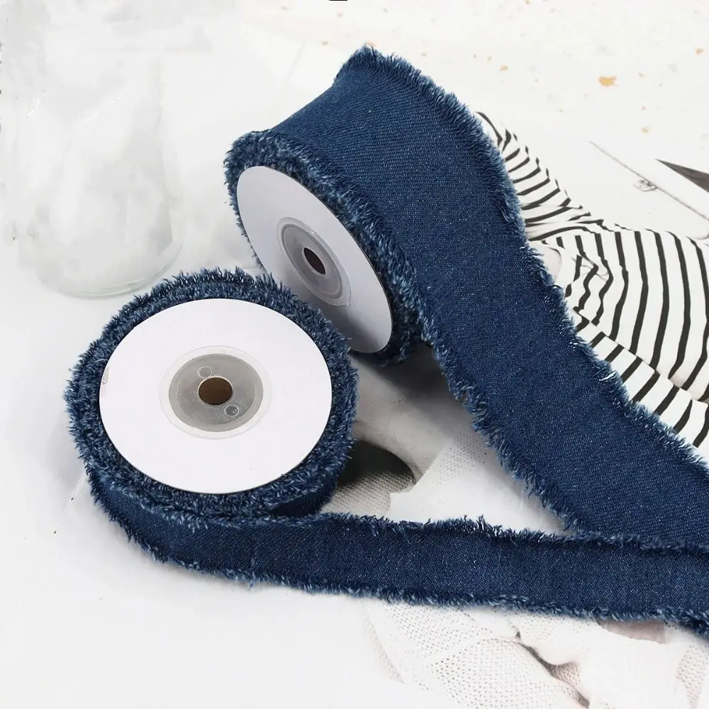데님 리본 청바지 천 원단, 수제 프린지 실크 리본, DIY 바느질 공예, 헤어클립 리본, 리본 옷, 파란색 카우보이 장식