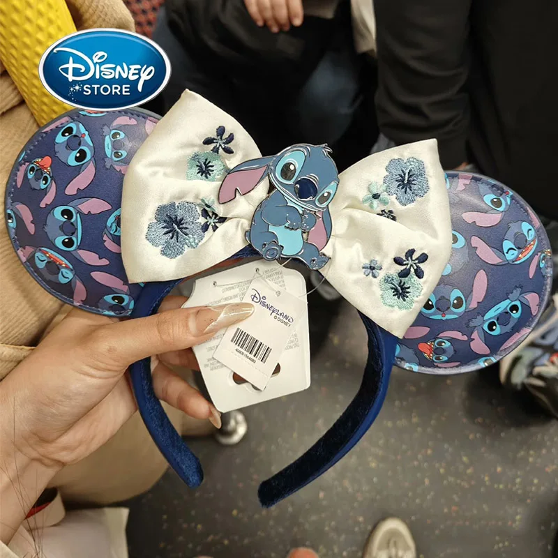 Disney Lilo& Stitch Headband Cartoon Embroidered Bow Stitch Metal Badge Shanghai Disneyland PU Leather Mickey Ear Headwear