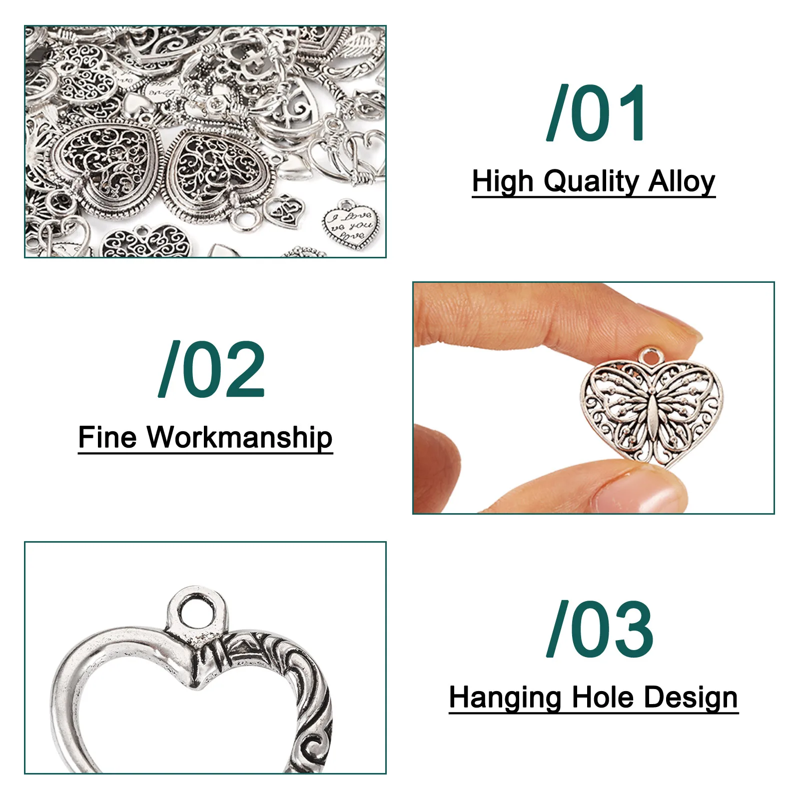 120pcs Antique Silver Color Heart Charms Mixed Tibetan Styles Alloy Charms for DIY Earrings Necklace Brooches Jewelry Making