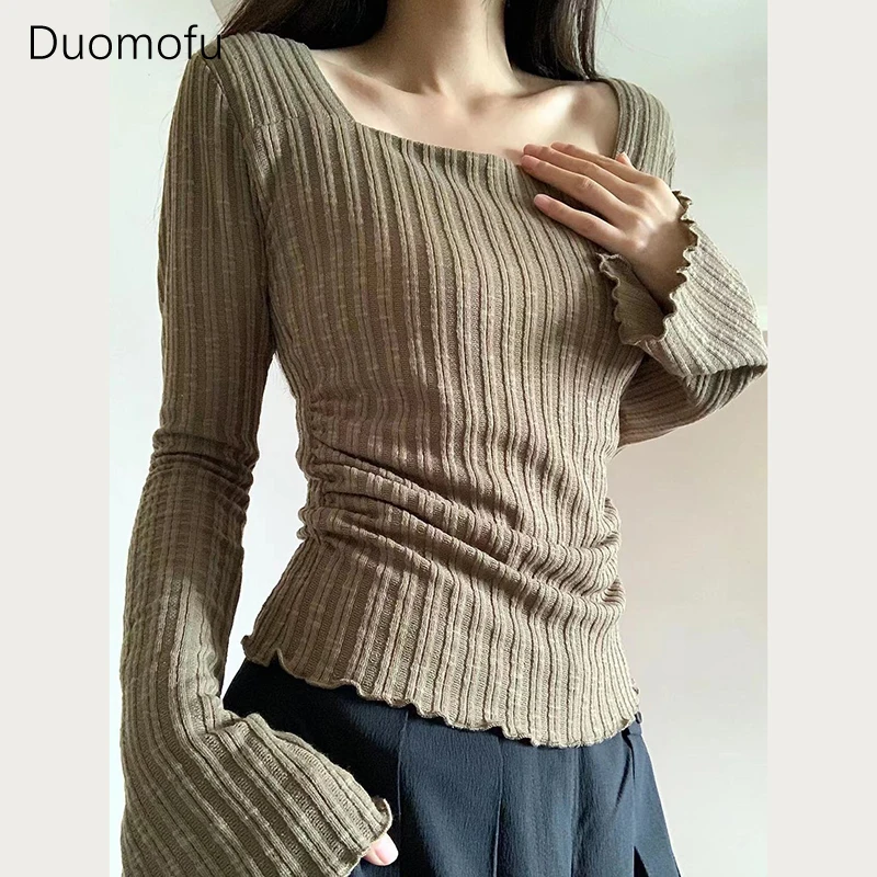 

Duomofu Женские приталенные футболки, модная уличная одежда, расклешенные Топы с длинным рукавом Y2K, женские полосатые складки, универсальные футболки, осень, Новинка