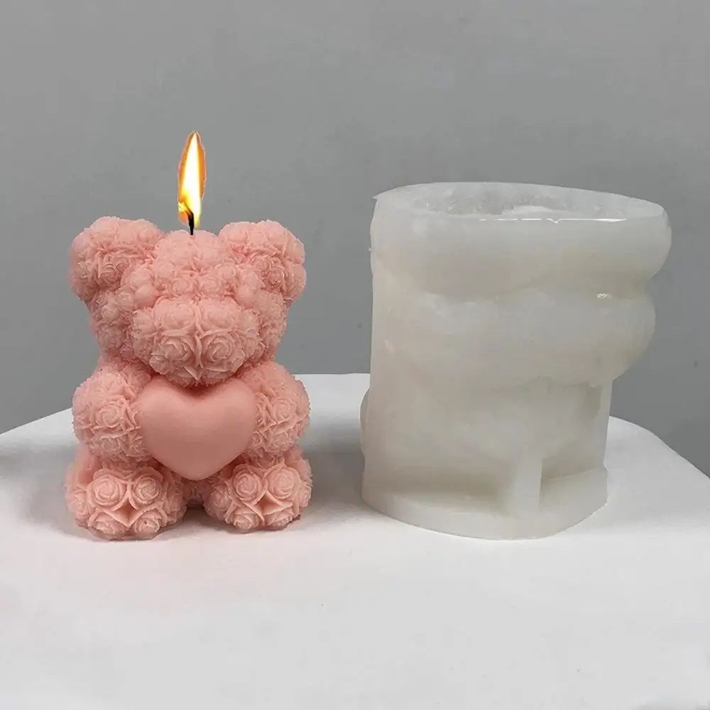 3D Bear Hug Love Silicone Candle Mold showing finished candle