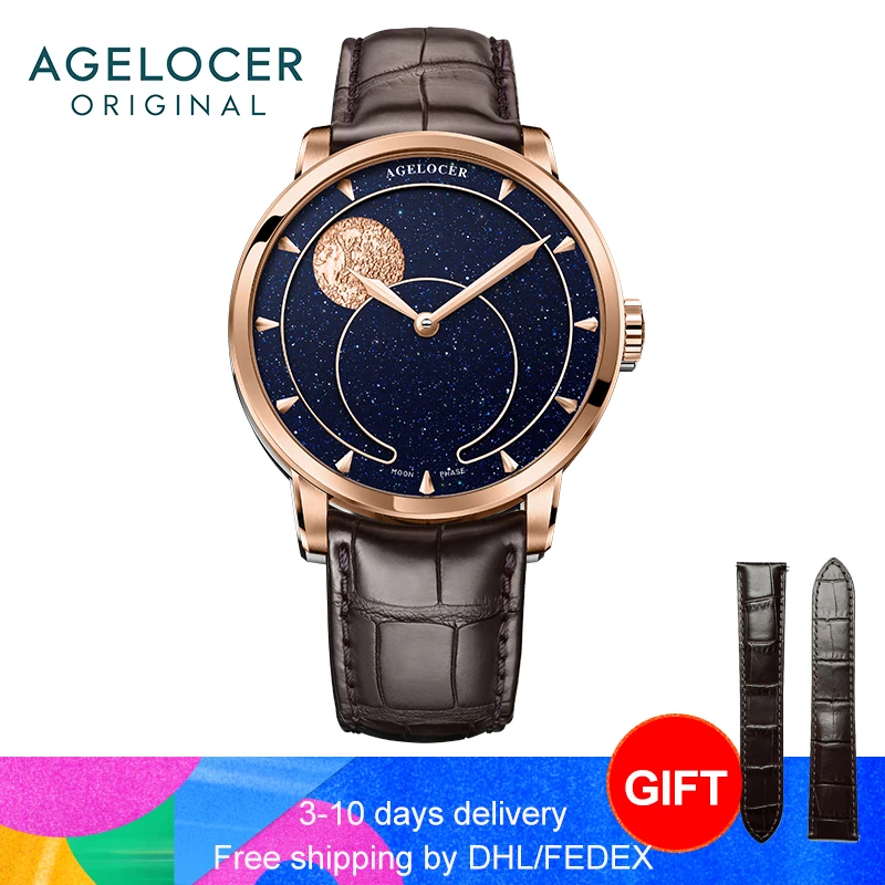 AGELOCER-Moonphase 기계식 시계, 남성 손목 시계, 남성용 기계식 시계, 자동 사파이어 파워 리저브, 80 시간, 6406D2