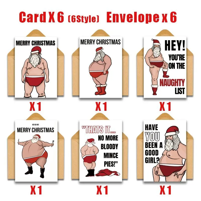 12pcs Funny Santa Claus Christmas Cards with Envelopes - Naughty Santa in Red Swim Trunks, Birthday Boy/Merry Christmas Quotes