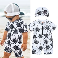 Newborn Baby Infant Boys Swimsuit with Hat Cartoon Tree Print Short Sleeve Round Neck Half Zipper Jumpsuit Bathing Suit 1