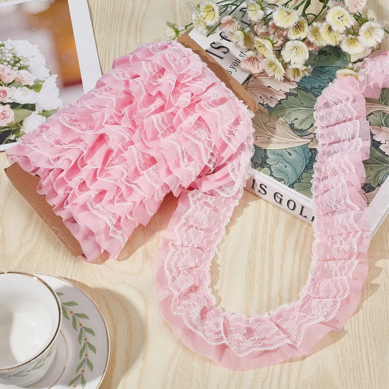 Pink Double-Layer Pleated Chiffon Lace Trim 5cm Wide 2-Layer Gathered Ruffle Trim Edging Tulle Trimmings Fabric Ribbon 11 Yards lace fabric,lace ribbon,chiffon fabric,chiffon lace fabric,lace garment accessories,lace sewing supplies,lace accessories,lace sewing accessories