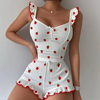 Women's Strawberry Print Ribbed Pajama Set - Ruffle Trim Cami Top & Shorts 2 Piece Sleepwear Loungewear