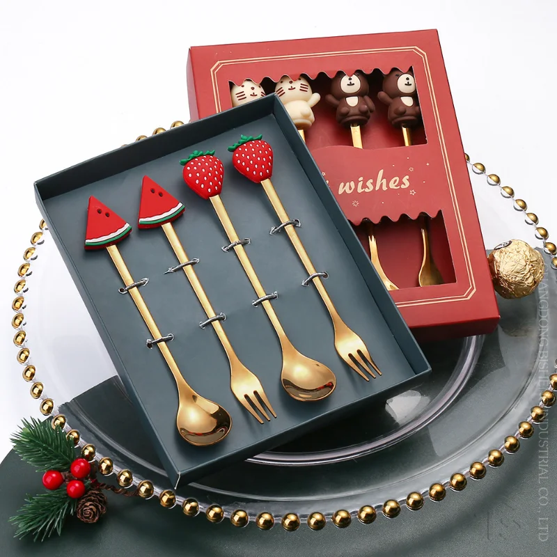 

4PCS/2PCS Children Tableware Cutlery Spoon Fork Set Fruit animal Decoration Dessert Coffee Gift